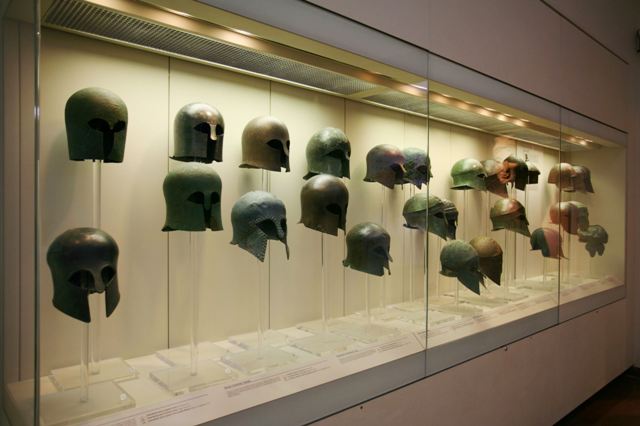 Ancient Olympia Museum - Bronze Corinthian style helmets